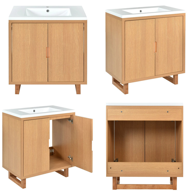 Ensemble de meuble-lavabo 30 po avec lavabo en résine, armoire en bois massif avec portes à fermeture en douceur, pieds en bois massif, rangement sous le comptoir, trou de robinet simple, style transitionnel pour petite salle de bain