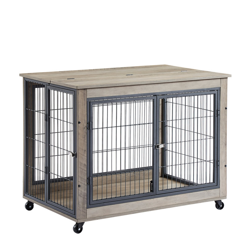 Table d'appoint pour chien avec roulettes transportables, grises, l 39,36 po x l 25,5 po 27,36 po, portes doubles et roulettes à plateau relevable, pour le bien-être des animaux de compagnie