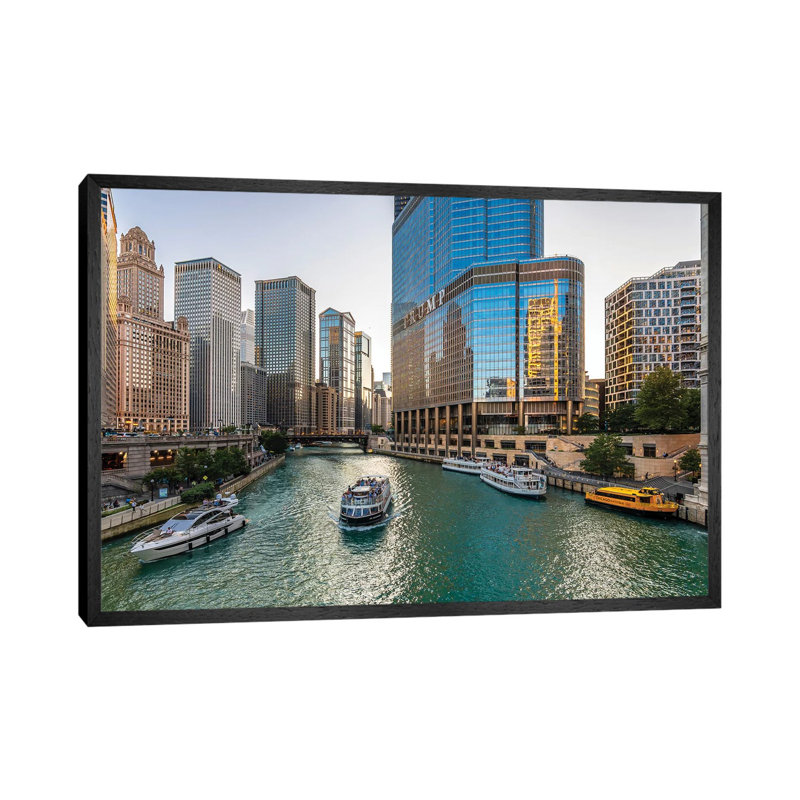 Chicago Riverside by Nejdet Duzen - Print on Canvas, 66.04cm H x 101.6cm W x 3.81cm D, Black Framed