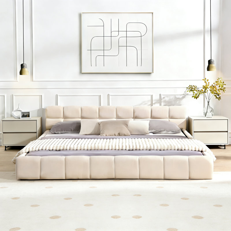 Lit tapissier en chenille beige élégant avec motif damier, Beige, Très grand lit