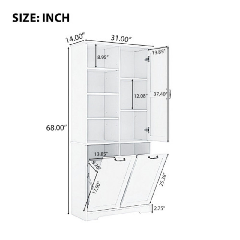 Freestanding Bathroom Storage Cabinet - Tilt-Out Hamper With Doors, Drawers & Adjustable Shelves, Light  Gray