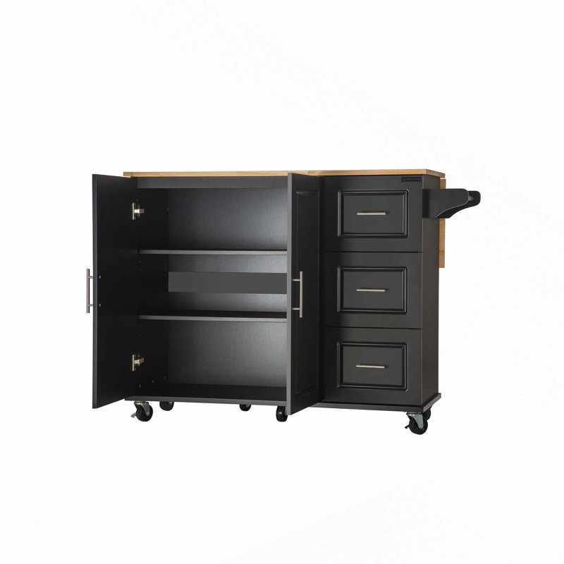 Kitehcn Island with Extensible Rubber Wood Table Top,adjustable Shelf Inside Cabinet for Different Utensils, Black