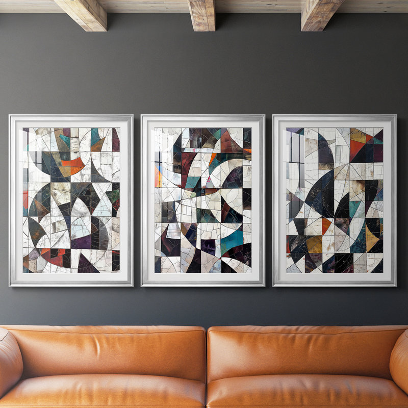 ABSTRACT Series LXI - Impression encadrée sur mesure de qualité supérieure - 3 pièces, H 19 po x l 45 po, Argent argent