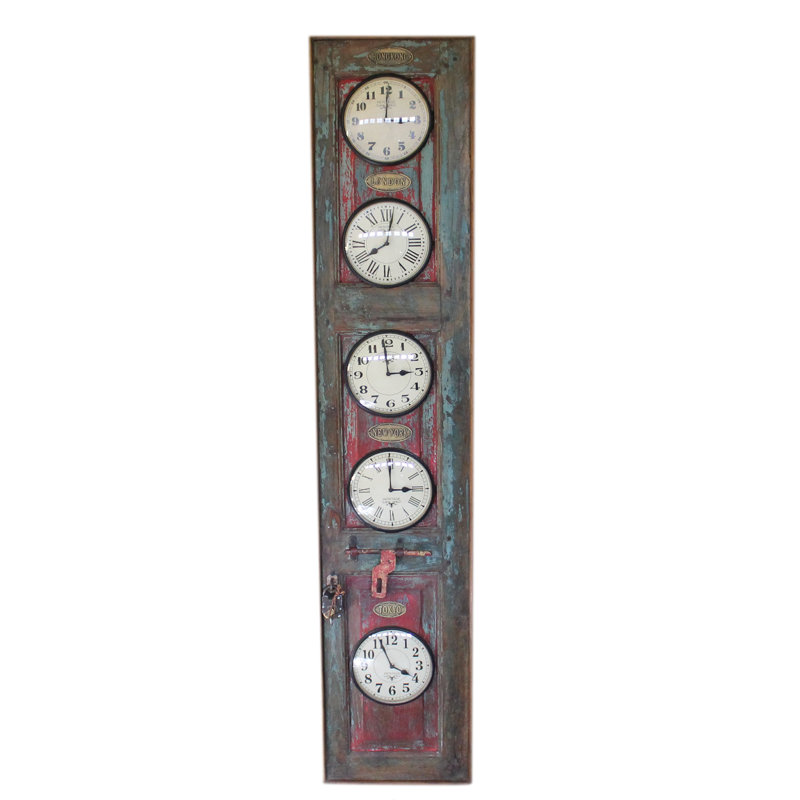 Vertical Recycled Door Wooden World Time Wall Clock