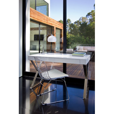 Alexa Contemporary White Lacquer Writing Desk with Polished Steel/Metal X-Base and 2 Drawers