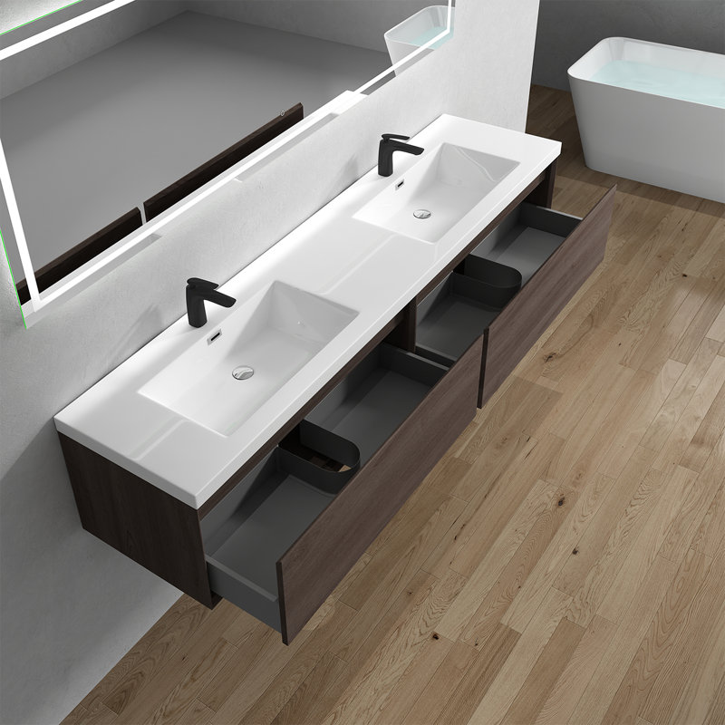 Meuble-lavabo mural double l 83,4 po x P 19,6 po x H 17,7 po Bella, Chêne rouge