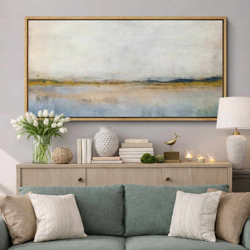Minimal Landscape Reflective Lake with Golden Accents Modern Art Extra Large Artwork Print Wall Art, 30" H x 60" W, Natural