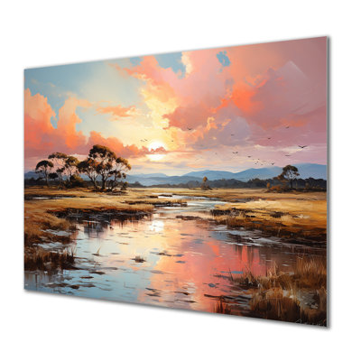 Art mural rose, coucher de soleil sur les marais