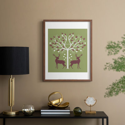 Christmas Des  Deer and Heart Tree, Pink On Green Framed Print - Solid Wood