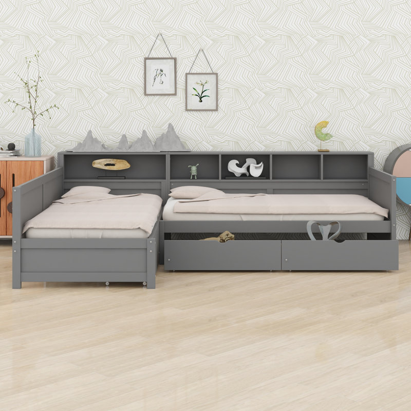 Lit d'angle en L pour deux avec 3 tiroirs et bibliothèque, lit de jour peu encombrant pour la chambre à coucher et le salon