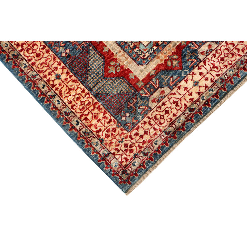 Tapis oriental en laine noué à la main bleu clair / ivoire / rouge