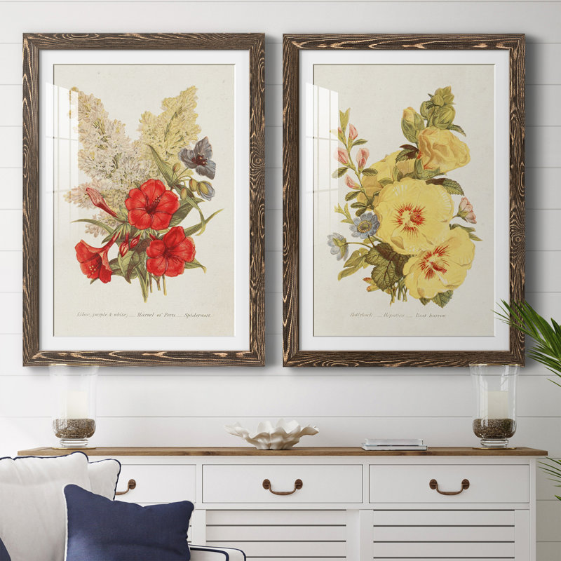 Antique Floral Bouquet V - Ensemble de 2 reproductions de cadres photo, Encadré de bois de noyer