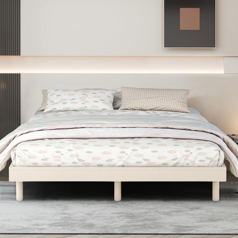 Base de lit plateforme en bois flottant, Blanc, Double