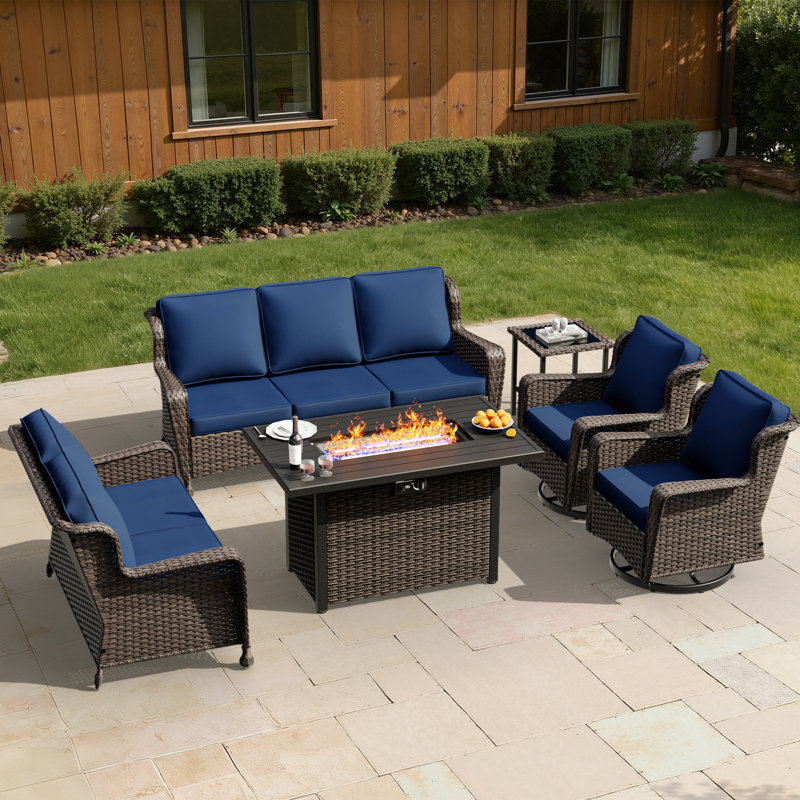 7-Person Outdoor Patio Conversation Rattan Seating Group With 2-In-1 Propane Fire Pit Table,2 Swivel Chairs and Blue Cushions