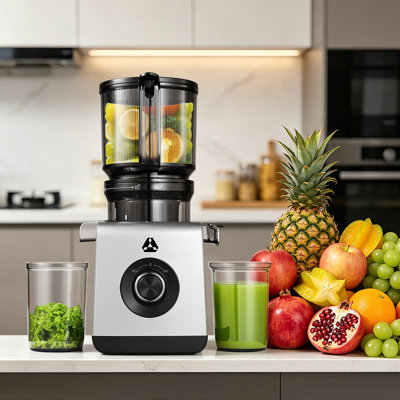 Cold Press Juicer, 6.45" Extra-Wide Feed Chute, 85 Oz Large-Capacity Masticating Juicer with Quiet Motor and Easy-Clean Design, Space Gray