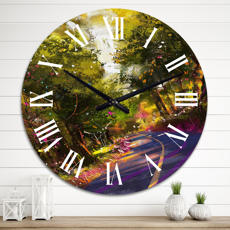 Route entourée par les couleurs des feuilles d'automne - Horloge murale champêtre, Surdimensionné