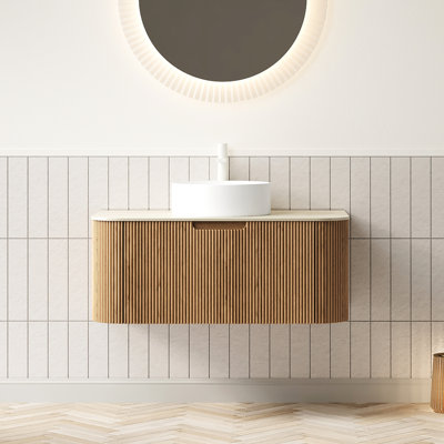 Meuble-lavabo 36 po avec lavabo en céramique, plateau en pierre frittée, tiroir d'armoire flottant en contreplaqué, glissières à fermeture en douceur, pré-assemblé