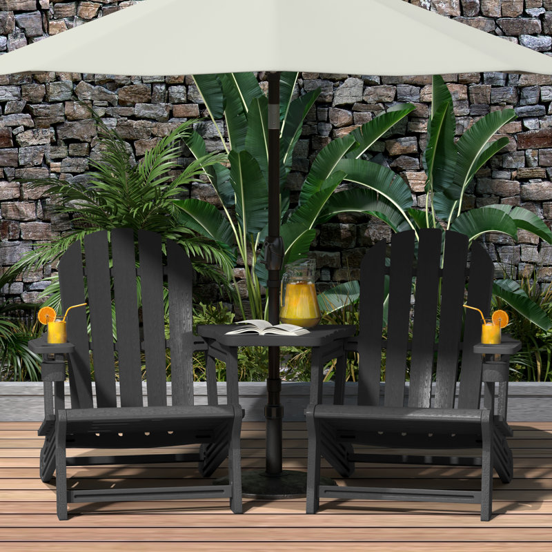 Outdoor Poly Adirondack Chair Set With Connecting Tray & Cup Holder, Black