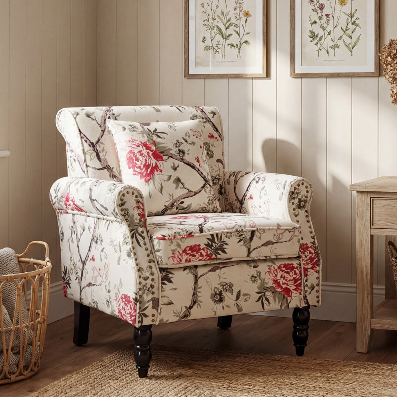 Vintage Floral Upholstered Armchair With Rolled Arms And Wooden Legs, Ivory Rose Floral
