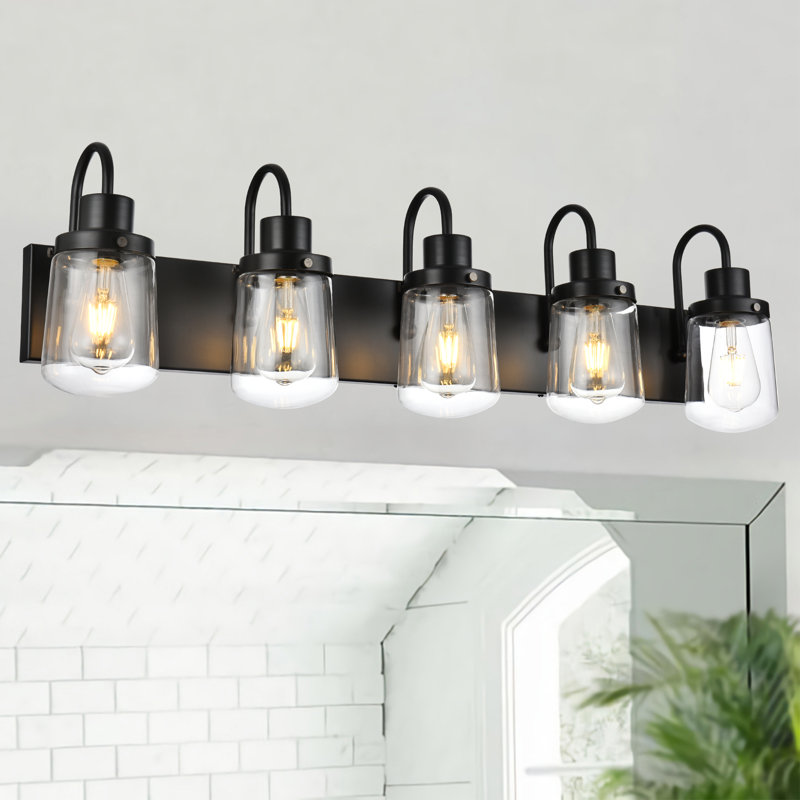 Luminaire de salle de bain moderne à 5 lumières, miroir de salle de bain avec abat-jour en verre transparent et base en métal, noir mat.