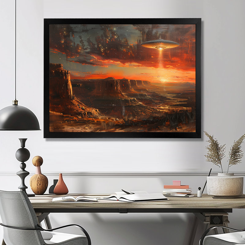 Brun et rouge Alien paysage Ufos - décoration murale Ufos, H 24 po x l 32 po, Cadre simple noir, bois massif