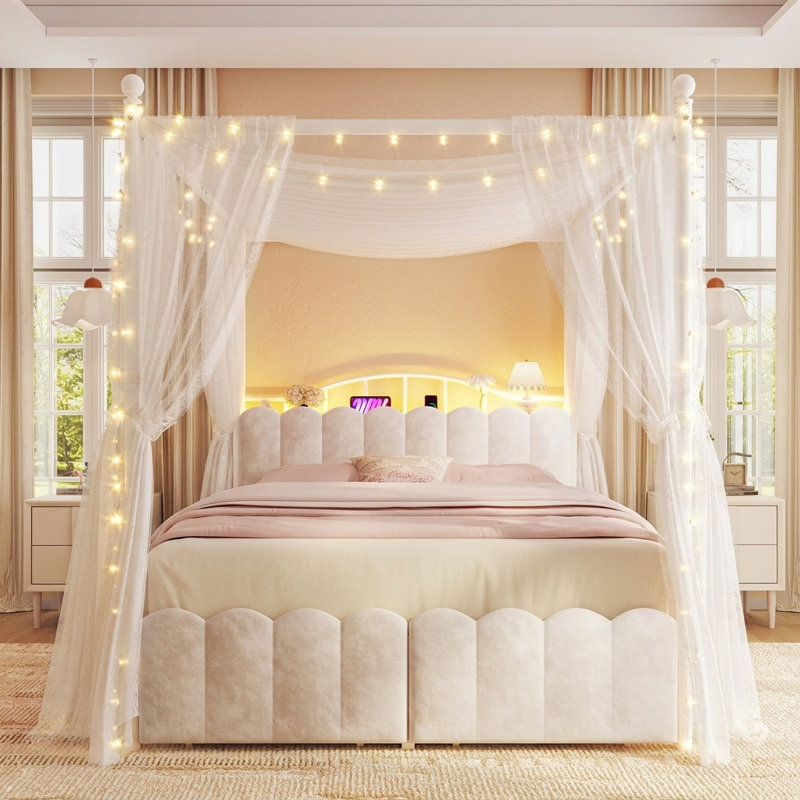Lit à baldaquin princesse avec cadre en métal, tête de lit tapissier en velours avec lumières DEL, station de charge et tiroirs de rangement sous le lit