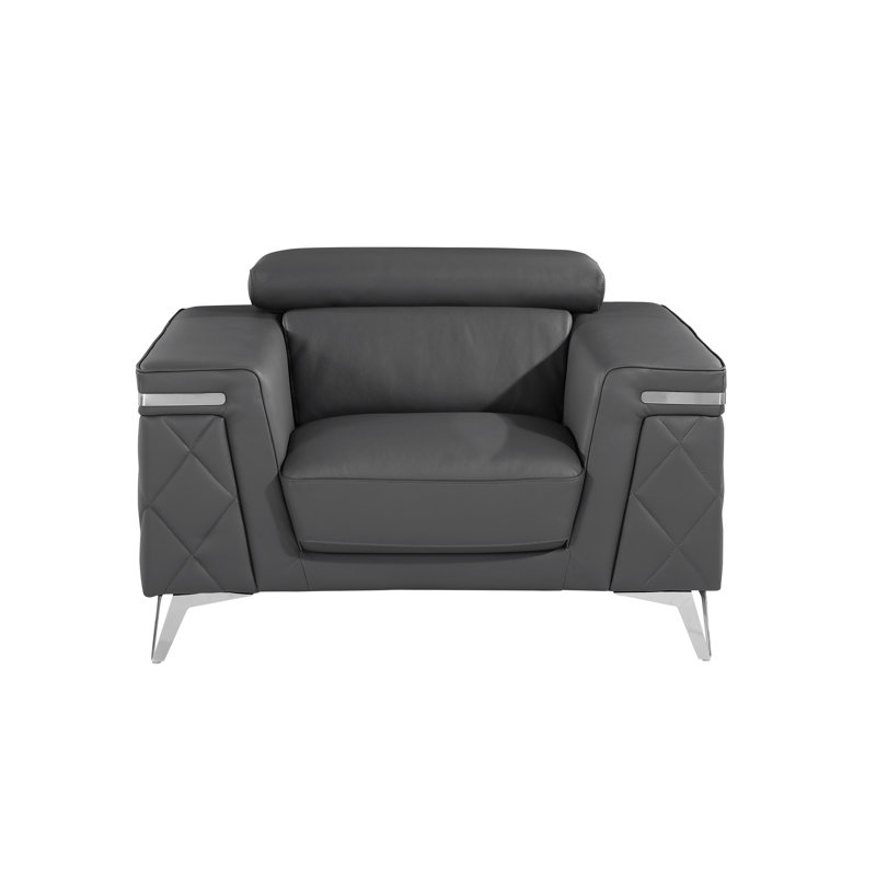Fauteuil en cuir véritable 45 po Batchler, Cuir véritable gris foncé