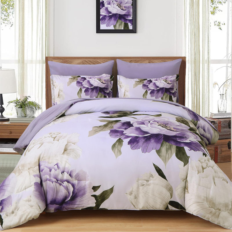 Ensemble de housse de couette à motif floral 7 pièces, Grand édredon et 6 pièces supplémentaires, Mauve