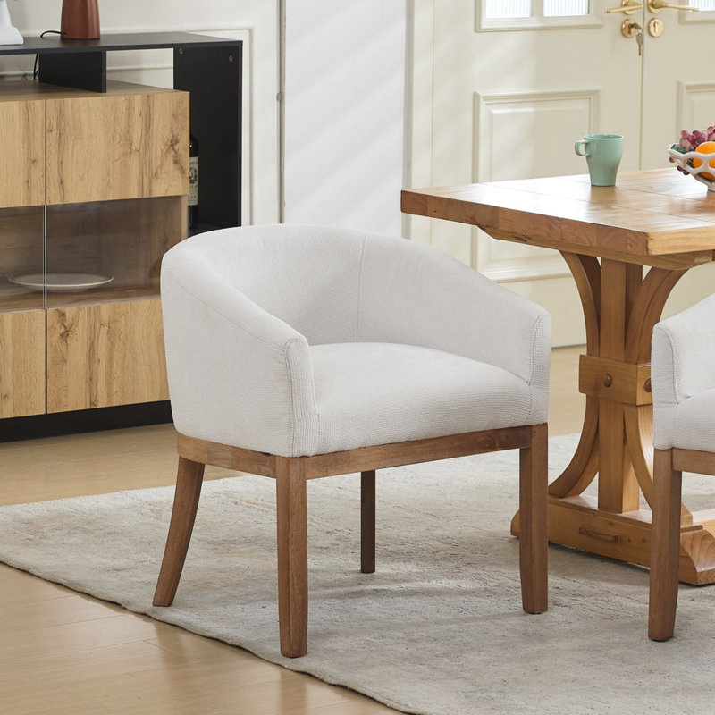 Mid-Century Modern Upholstered Barrel Armchair – Farmhouse Linen Dining Chair with Solid Hardwood Frame, 19”W, Anti-Scratch Legs, Versatile for Kitchen, Office & Living Room – Easy Assembly