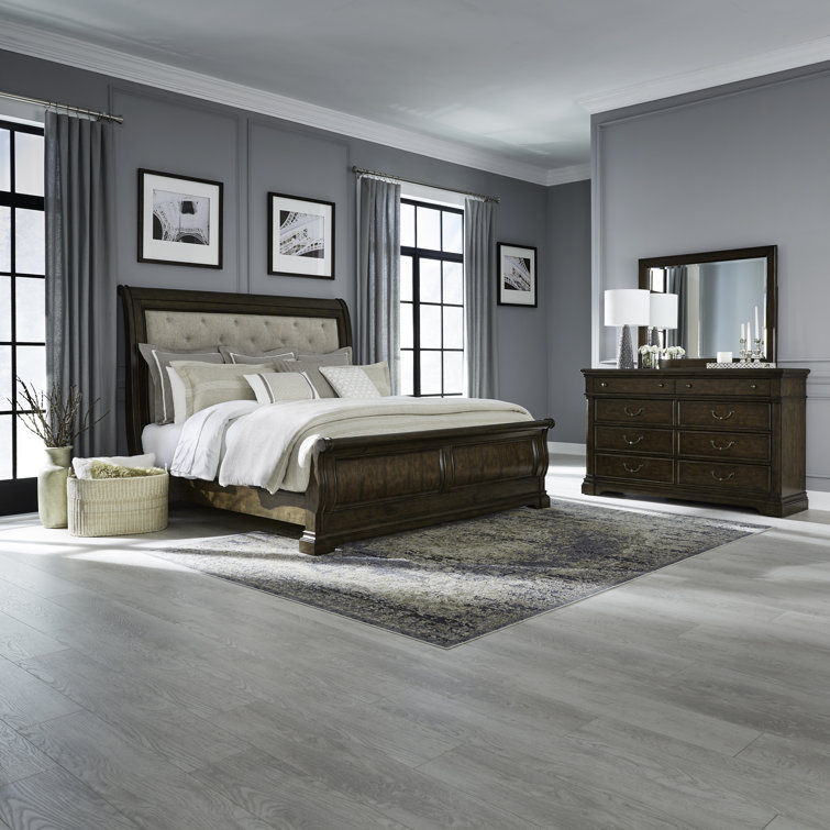 Tawona Upholstered Sleigh Bed, Dresser & Mirror Set