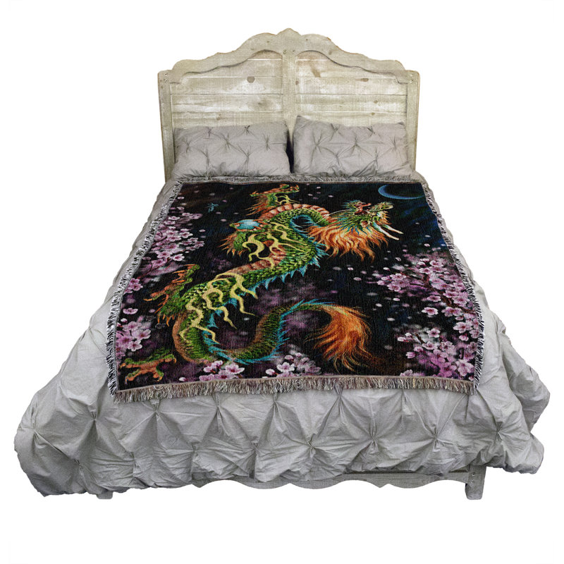 Dragon Spirit Cotton Woven Throw Blanket with Cherry Blossoms