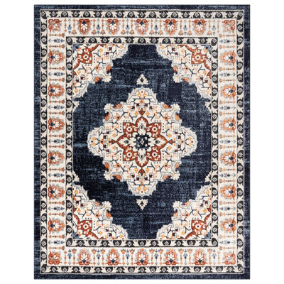 Gretchen Khelo Traditional Oriental Navy Blue/Ivory/Tan Polypropylene Indoor Area Rug