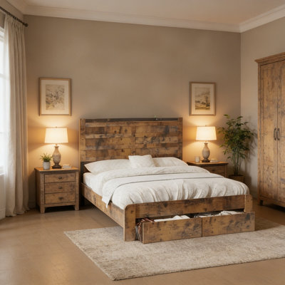 Rustic Platform Bed Frame With Storage Headboard & Charging Station, 2 Drawers, USB Ports, Metal Slat Support, No Box Spring Needed, Industrial Wood Bed Frame For Bedroom