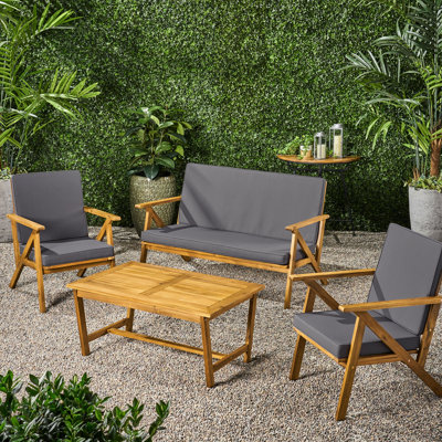 Outdoor 4Pc Chat - Wood, Waterproof Fabric, With , 2 Club Chairs & Coffee Table, Weather For Backyard Conversation Group Fabric Cushions, Use