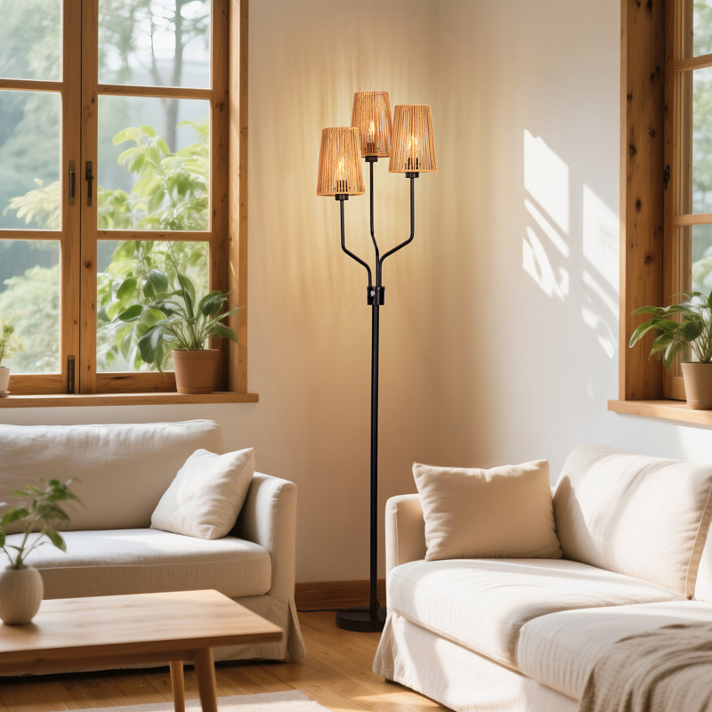 Lampe sur pied en rotin 70 po 3 lumières Mid-Century 70 po, lampe sur pied en métal noir avec 3 ampoules incluses