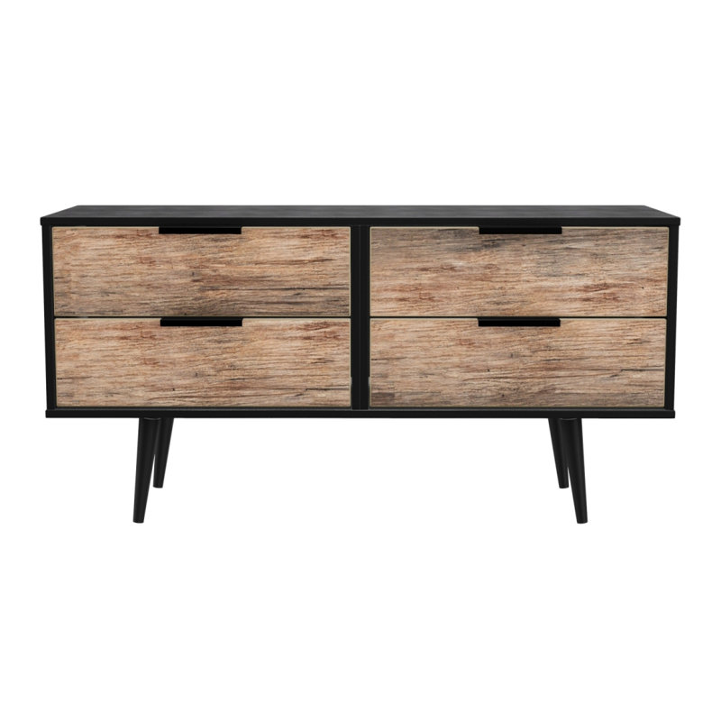 Fully Assembled Menifee 4 Drawer 112Cm W Double Dresser, Vintage Oak/Black