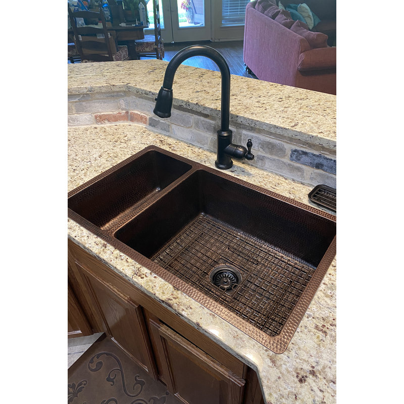 33" Hammered Copper 25/75 Double Basin Kitchen Sink
