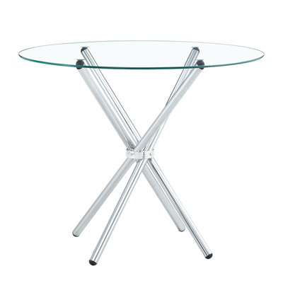 Table de salle à manger ronde 36,6 "en verre transparent avec pieds en métal argentés pour petits espaces