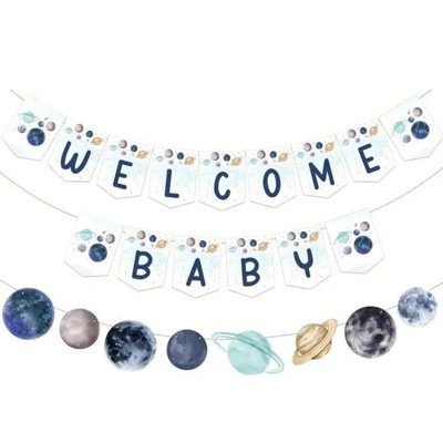 Guirlande de 2 bannières sur le thème de l'espace pour une fête prénatale - Décoration céleste « Bienvenue bébé » pour chambre d'enfant et fêtes