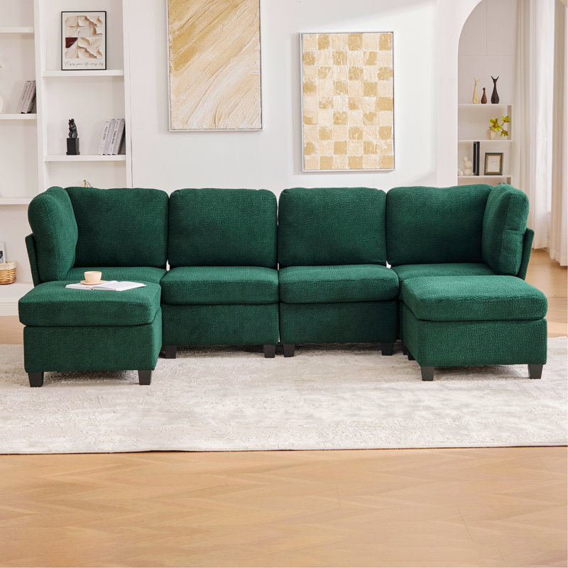 Canapé modulaire modulaire, canapé convertible 6 places, canapé modulaire en U avec repose-pieds avec rangement, Émeraude