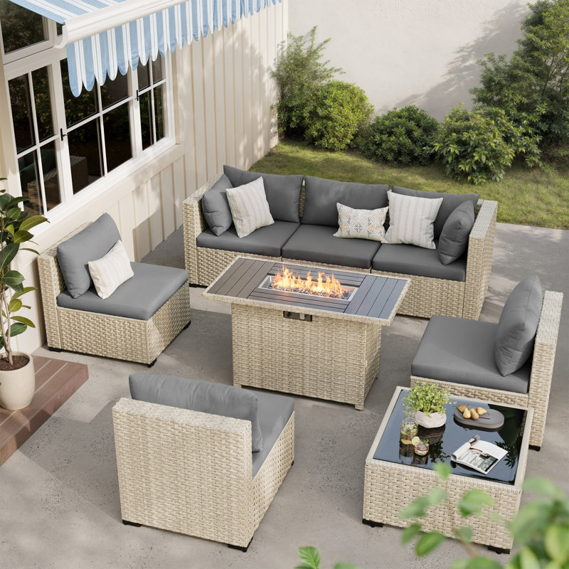 8-Piece Patio Conversation Set With Fire Pit Table, Coffee Table, And Cushions, Gray
