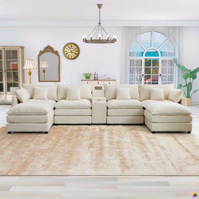 Merchelle 144.5"W 7 Piece Modular Sectional, Console, Cup Holders, USB Ports