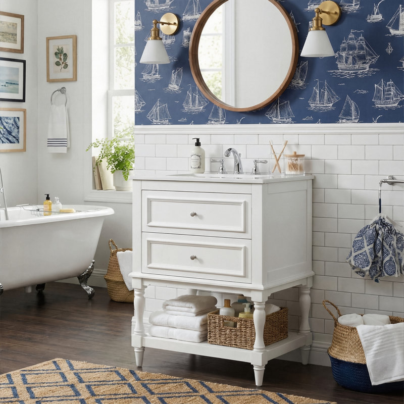24" Freestanding Bathroom Vanity With Ceramic Sink, Retro Palace Vanity With Tip-Out Drawer And Open Shelf In Black, White Or Beige