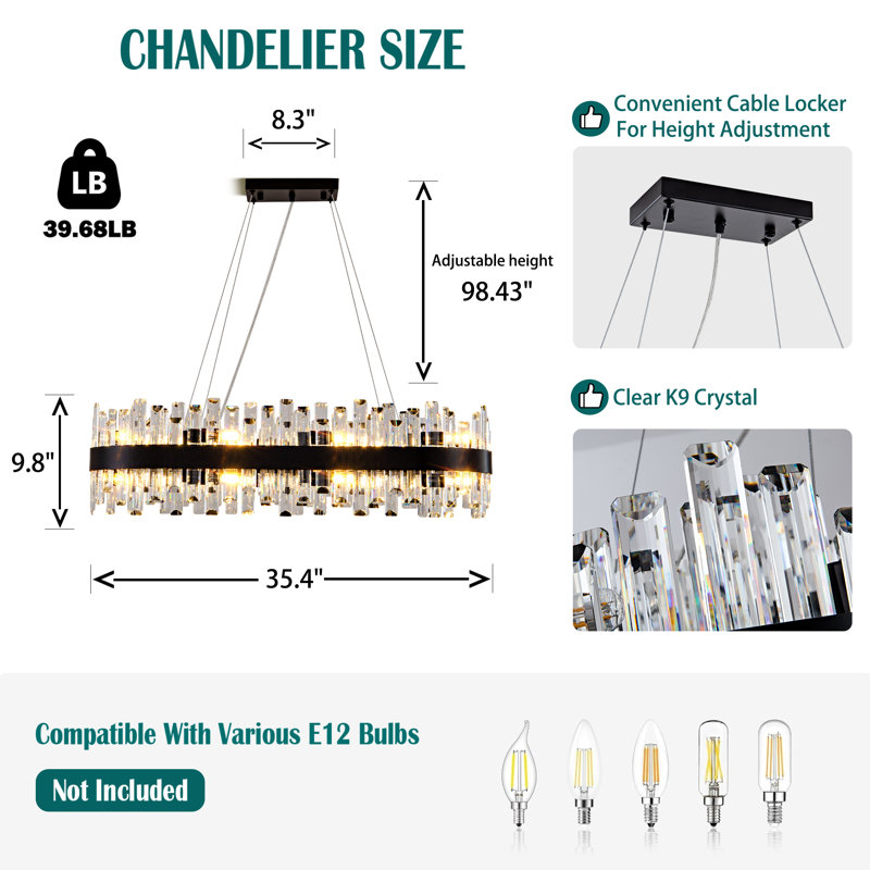 Maebh 35.4" Luxury Dimmable Crystal Chandelier, Modern Matte Black Square/Rectangle Dining Room Chandeliers