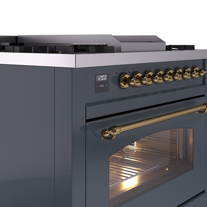 ILVE Nostalgie II Series 36 inch Dual Fuel Range with 6 Burners, Griddle (Glass Door), Blue Gray/Brass, Natural Gas