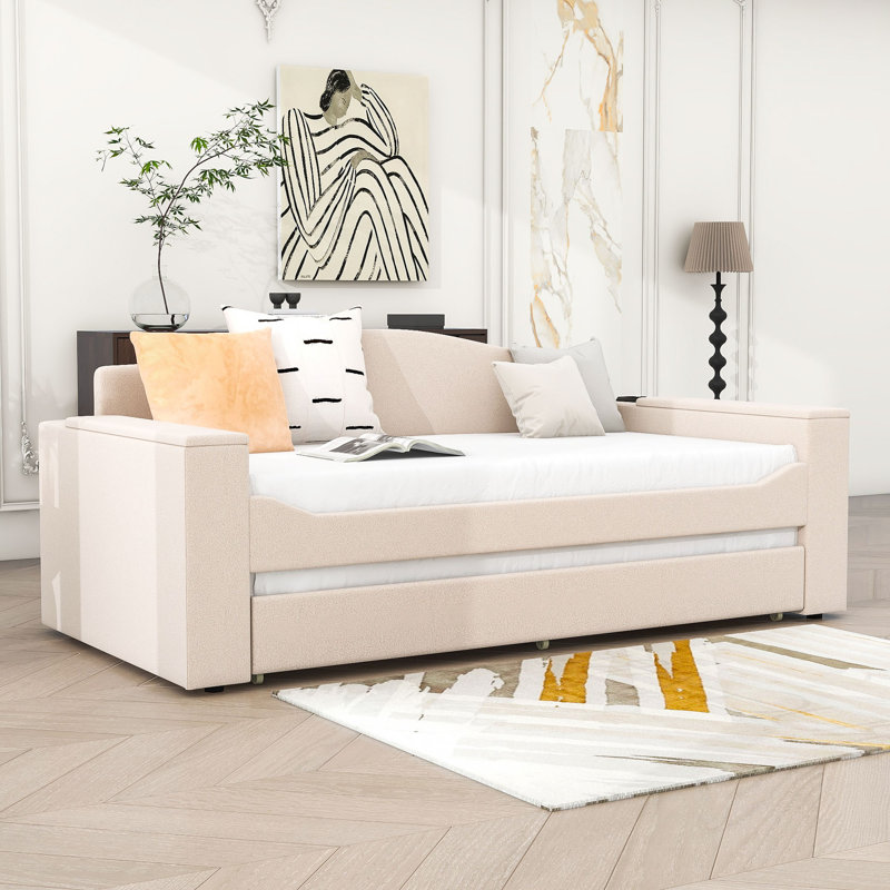 Wood Upholstered Daybed with Integrated Bluetooth Audio System, Storage Armrests and Trundle, Twin, Beige