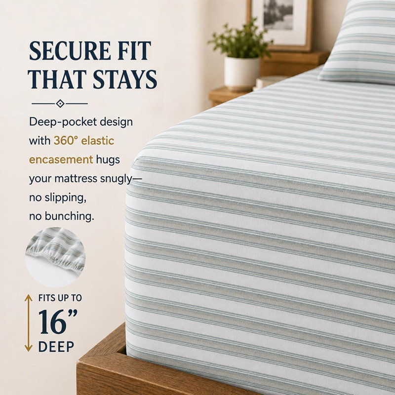 RUVANTI 100% Cotton Flannel Sheets Twin Size 16 inch Deep Pocket, 3 PCs Set, Ocean Stripe, Twin, Ocean Stripe Striped