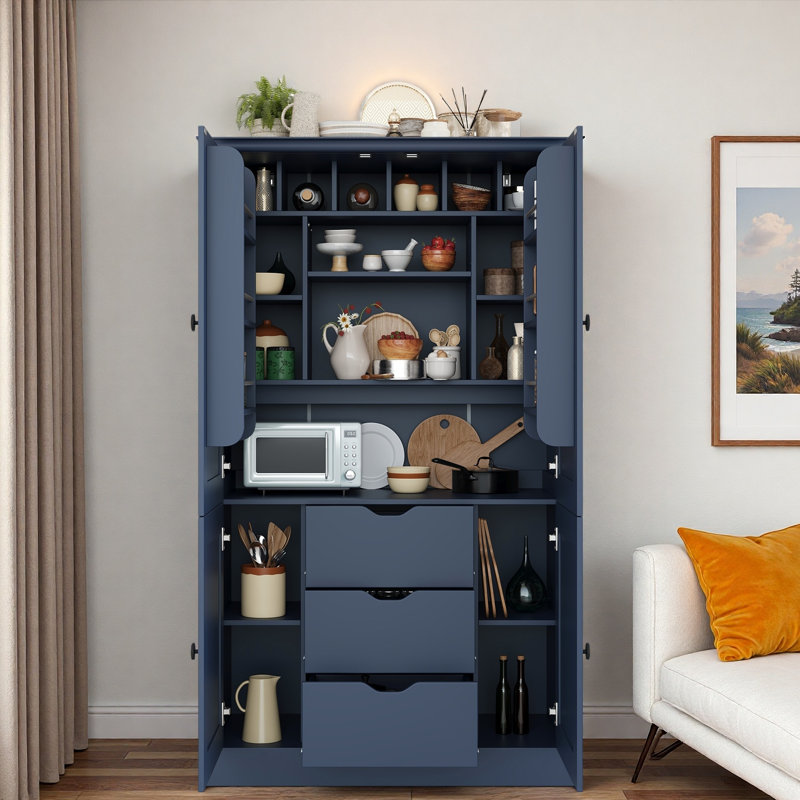 Armoire de cuisine autoportante avec 4 portes, 3 tiroirs, 6 tablettes de porte, tablettes amovibles et 6 porte-bouteilles