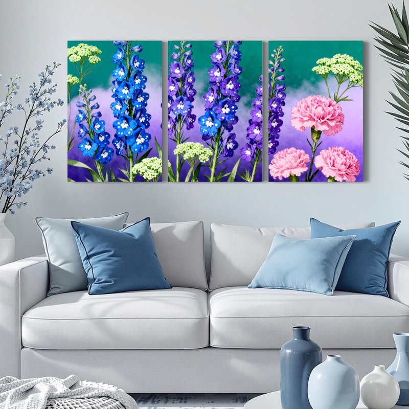 Tableau sur toile tendue représentant des delphiniums bleus et des œillets roses (lot de 3), H 30 po x l 60 po