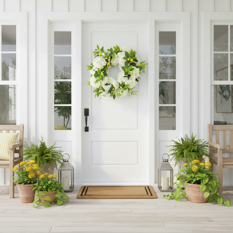 22" Spring Wreath with Hydrangeas and Lemons
